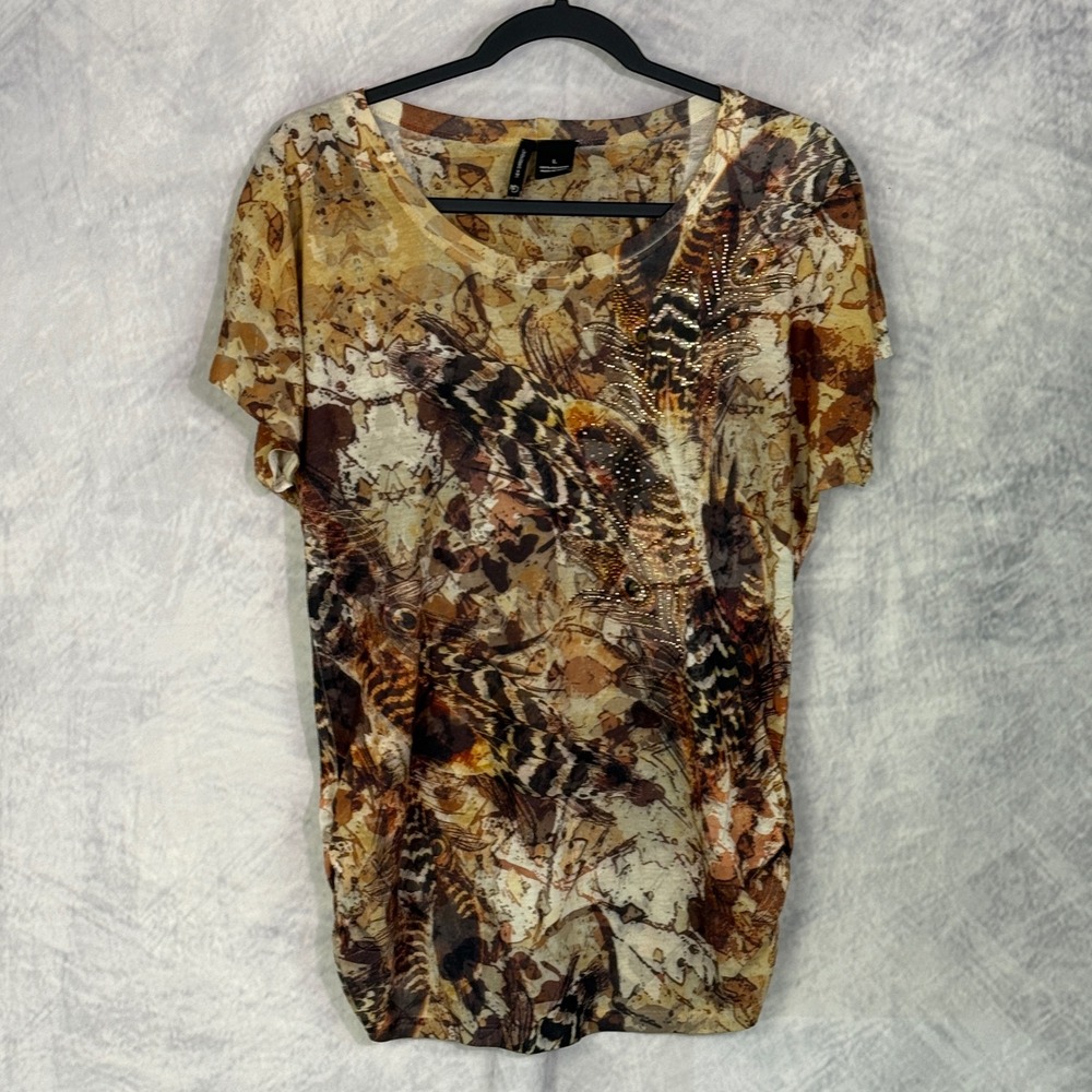 Vtg y2k Abstract Feather Print Rhinestone ruched Top Sz L Indie Fairy Grunge